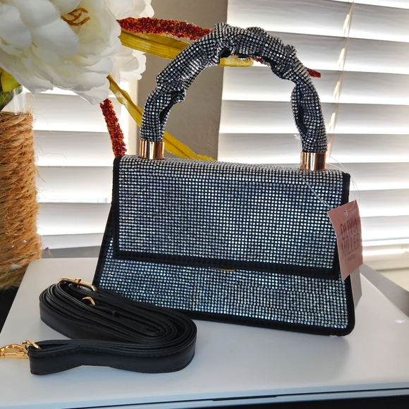 NEW!! Olivia Miller Women's Handbag With Strap Black Silver Dazzling Rhinestones - Picture 5 of 15